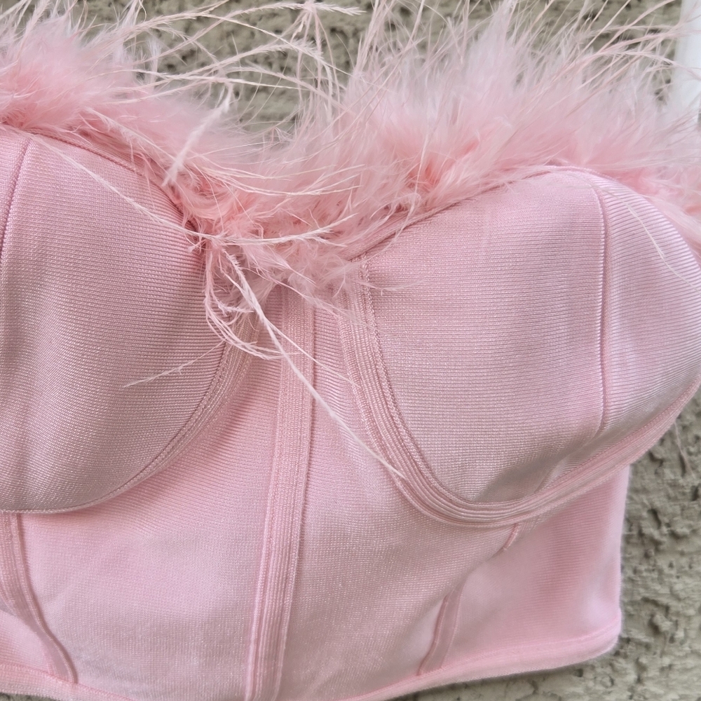 superdown Pink Feather Trim Strapless Crop Top - Picture 5 of 13